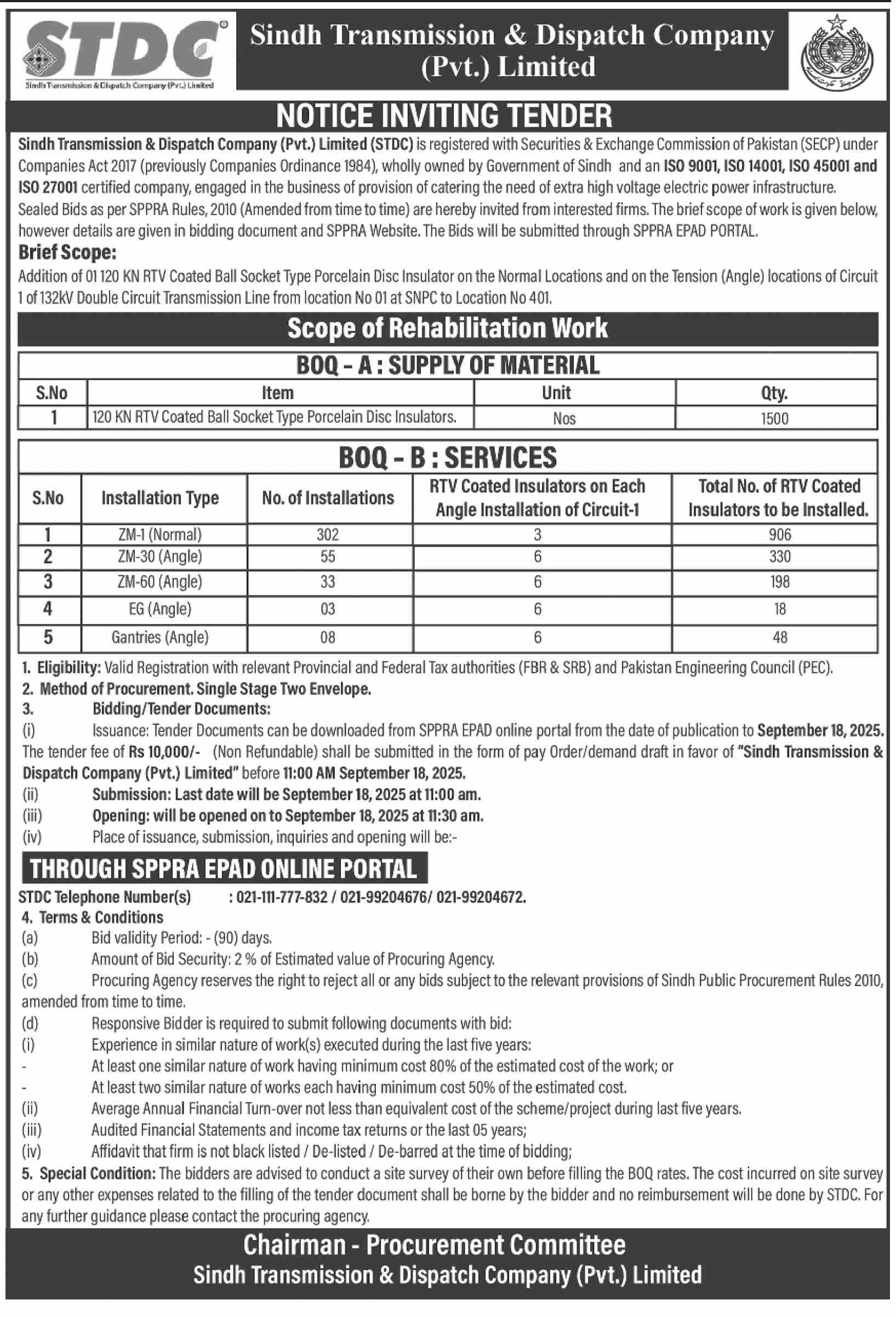 Sindh Transmission & Dispatch Company Limited Tender Notice